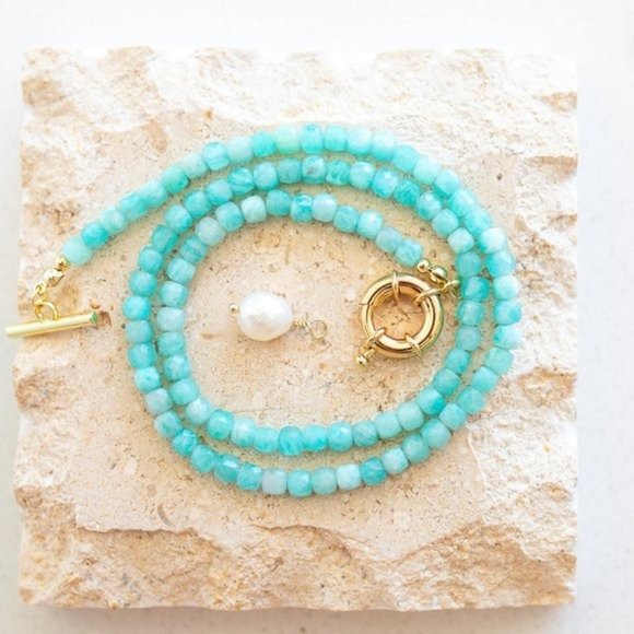 Amazonite Gemstone Necklace Gold Toggle Clasp Removable Baroque Pearl Genuine - Picture 8 of 12